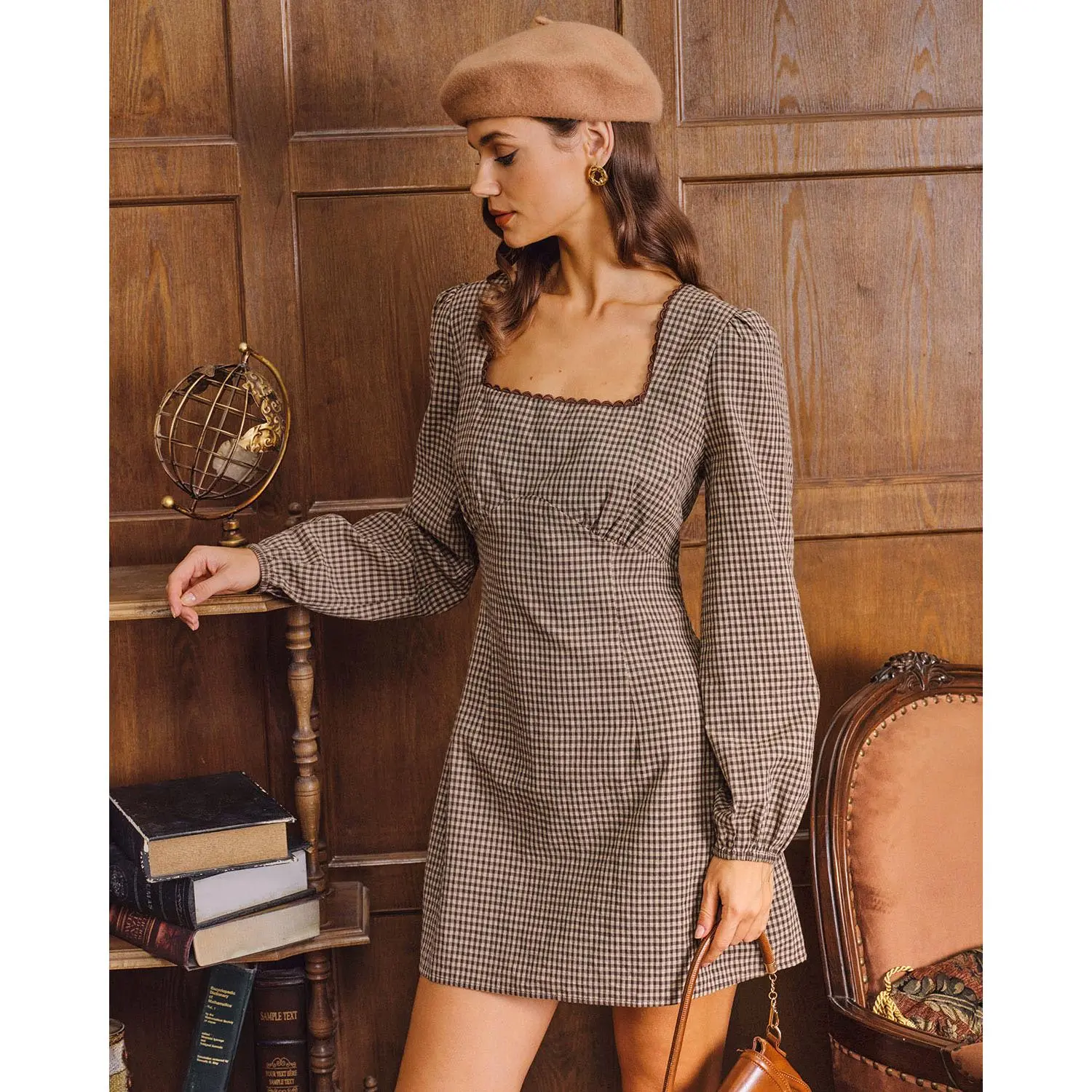 Rihoas Women's Casual Brown Plaid Cotton A Line Mini Dress Square Neck, Puffed Long Sleeves, Waisted, Floral Accent, Polyester, Suitable for Office Wear (Plaid Casual Dresses), Checked Casual Dresses, Long Sleeve Casual Dresses,summeroutfits,vacationout