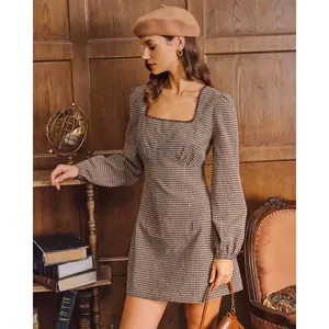 Rihoas Women's Casual Brown Plaid Cotton A-Line Mini Dress - Square Neck, Puffed Long Sleeves, Waisted, Floral Accent, Polyester, Suitable for Office Wear (Plaid Casual Dresses)