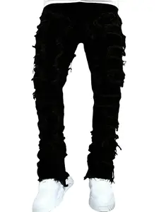 Stylish Men Hiphop Stacked Spliced Washed Slim Jeans Pants High Quality Streetwear Beige Plain Distressed Straight Biker Denim Trousers Summerwins