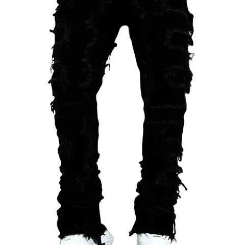 Stylish Men Hiphop Stacked Spliced Washed Slim Jeans Pants High Quality Streetwear Beige Plain Distressed Straight Biker Denim Trousers Summerwins
