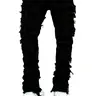 Stylish Men Hiphop Stacked Spliced Washed Slim Jeans Pants High Quality Streetwear Beige Plain Distressed Straight Biker Denim Trousers Summerwins