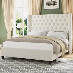 VanAcc Bed Frame Velvet Upholstered Platform Bed with 51.6" Tall Wingback Headboard Deep Button Tufted, No Box Spring Needed/Christmas Gift