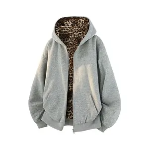 Men's Fleece-Lined Sweatshirt for Autumn & Winter �C a casual hooded style with leopard print on one side, reversible design, pockets, and made of 55% cotton and 45% polyester. This trendy cardigan jacket is ideal for daily casual