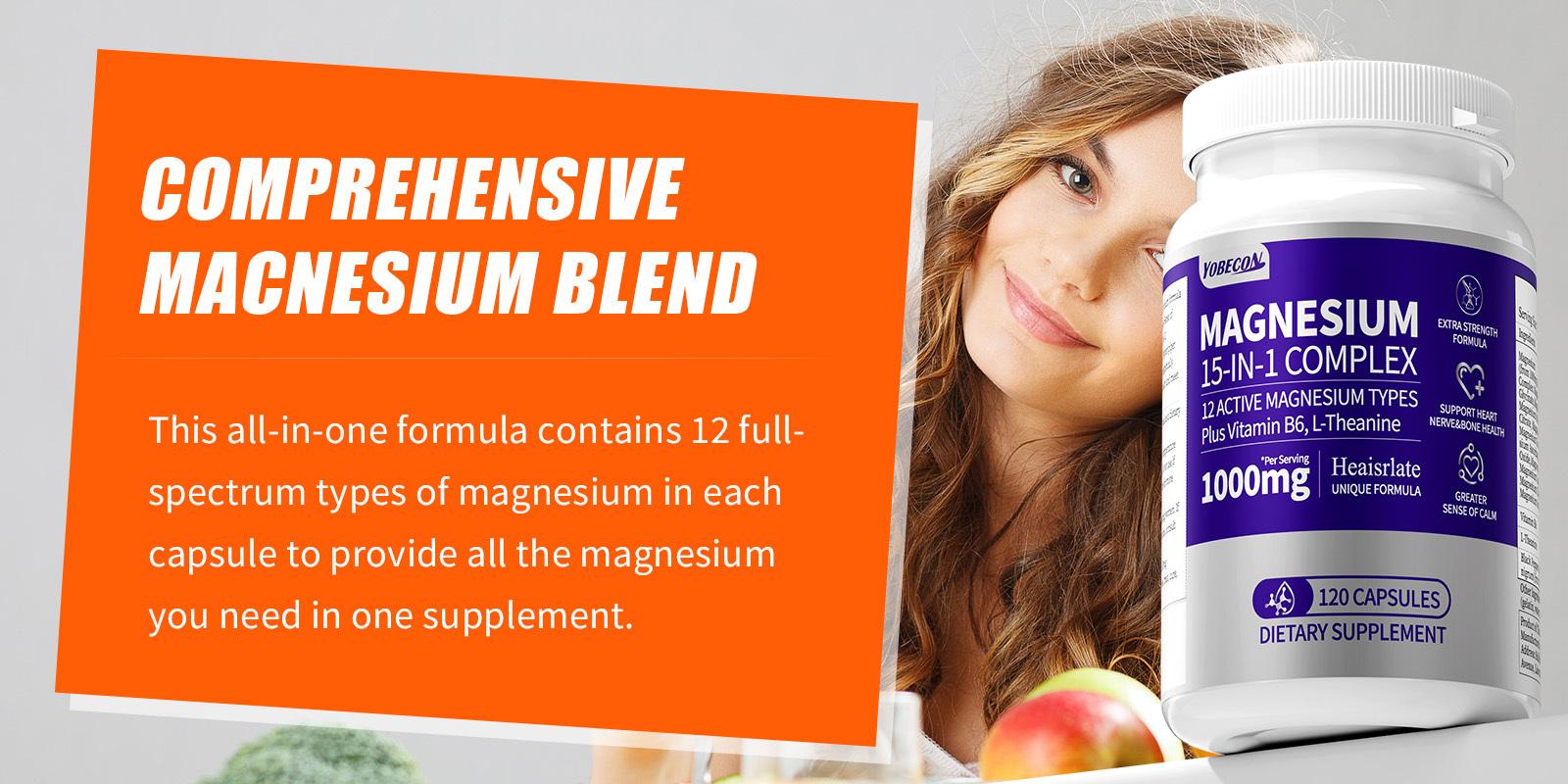 [Magnesium Glycinate Supplement] 120 capsules, 15-in-1 magnesium complex, contains citrate, oxalate, carbonate, glycinate, magnesium oxide, easily absorbed.Supports bone, mood, heart, and sleep health, promotes relaxation, gluten-free, 120 capsules