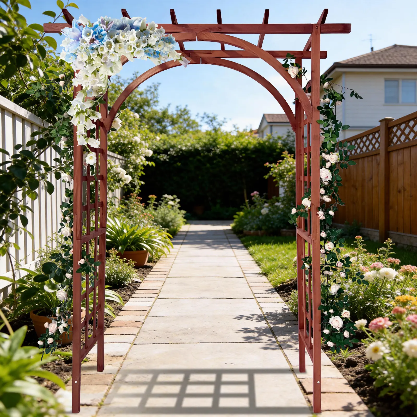 85in Sturdy Fir Wood Garden Arbor Trellis - 84in Tall, Arched Top, Classic Lattice Design, Easy to Assemble, Pergola Arch for Climbing Plants, Ideal for Wedding Ceremonies & Backyard Outdoor Decor