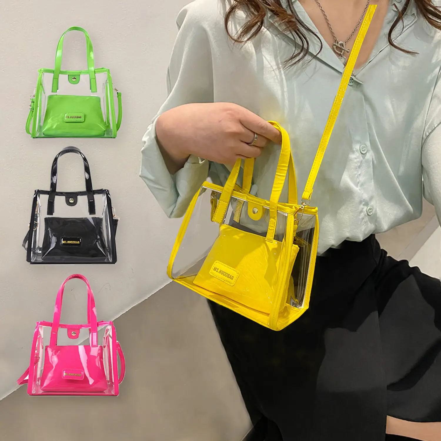 2 Pack Women's Transparent Handbags Casual Shoulder Bags Cute Tote Bags Fashion Crossbody Bags Suitable for Shopping Travel Satchel Purses