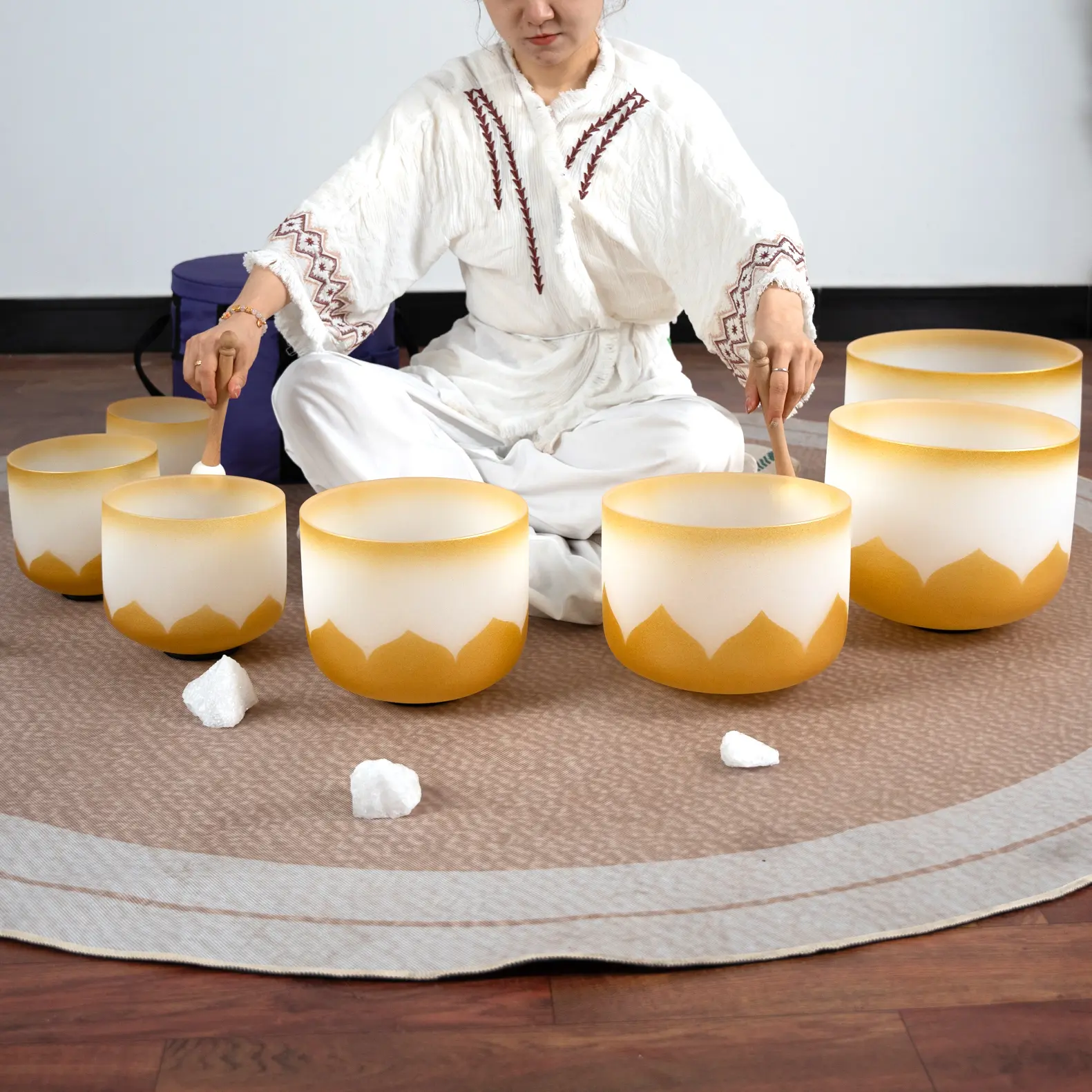 Quartz Crystal Singing Bowls Set of 7, 6-12inch Gold Lotus 432hz For Healing Mindfulness Meditation Yoga Sound Bath