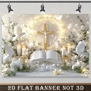 2D Flat Banner,1pc backdrop featuring crosses, Bibles, and candlelight, made of polyester, is suitable for religious celebrations. Decorated with floral embellishments, it's a great choice for creating a spiritual atmosphere.