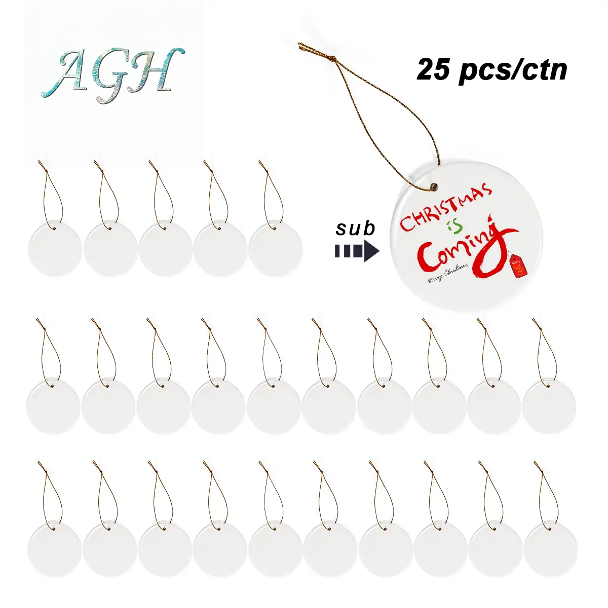 AGH 25pcs sublimation blank ceramic ornaments 3 inches for Halloween& Christmas& Valentino's special exclusive decor for Christmas tree family party