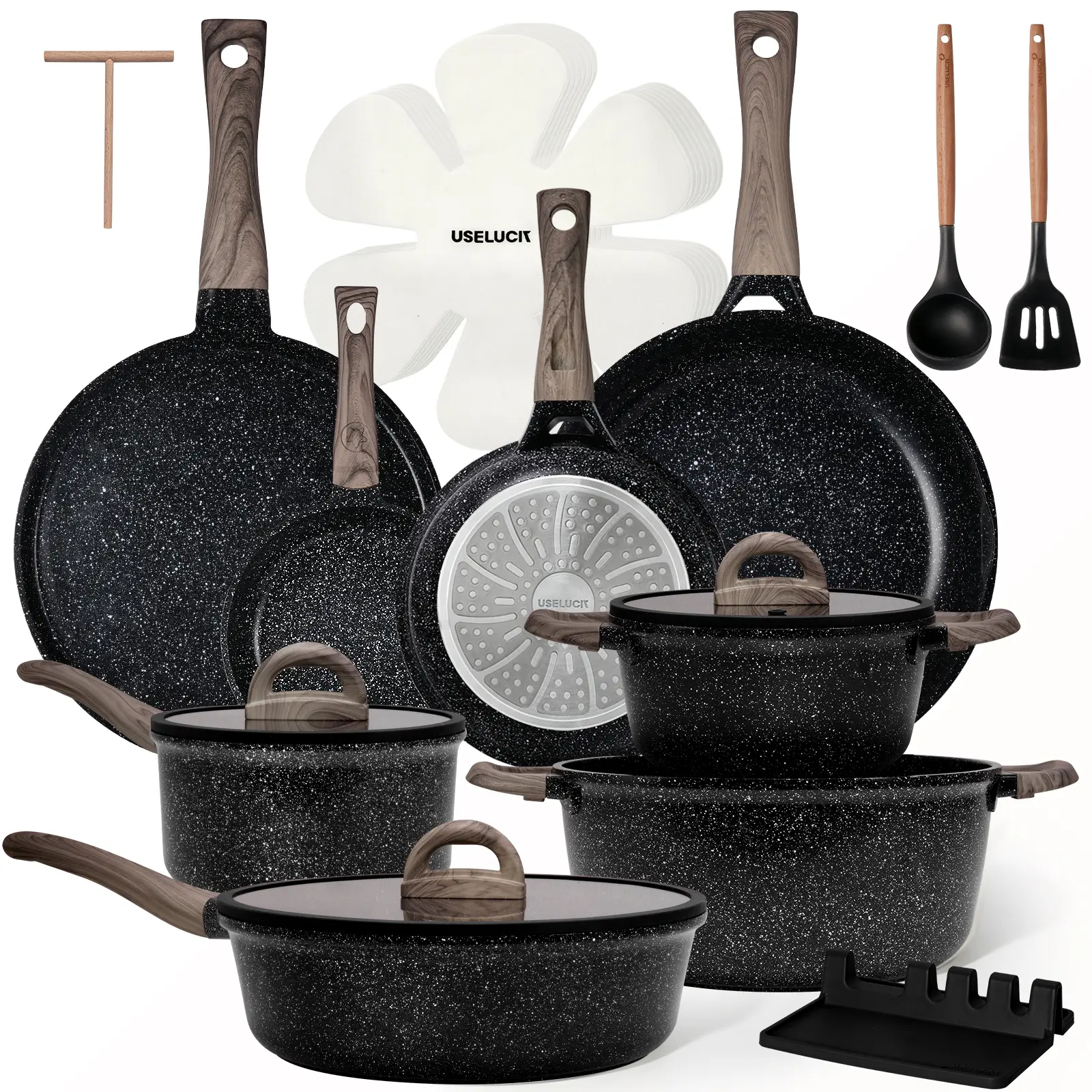 USELUCK 22-Piece Non-Stick Ceramic Pots and Pans Set - PFOA/PFOS-Free Cream White Granite Kitchen Home Essentials with Glass Lids, Induction-Compatible Non-Toxic Stovetop Cookware Including Crepe Frying Pan