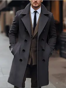 Men's Solid Color Double Button Long Sleeves Windbreaker Trench Coat, Casual Business Classic Style Woven Fabric Coat for Fall & Winter, Fitted Design Jackets