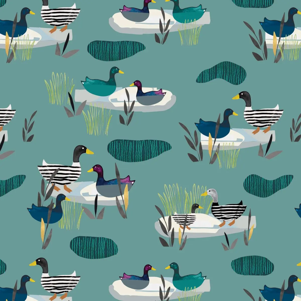 Fabric Blank Quilting Teal Ducks Highland Nature Walk by the Quarter Yard 4593-67