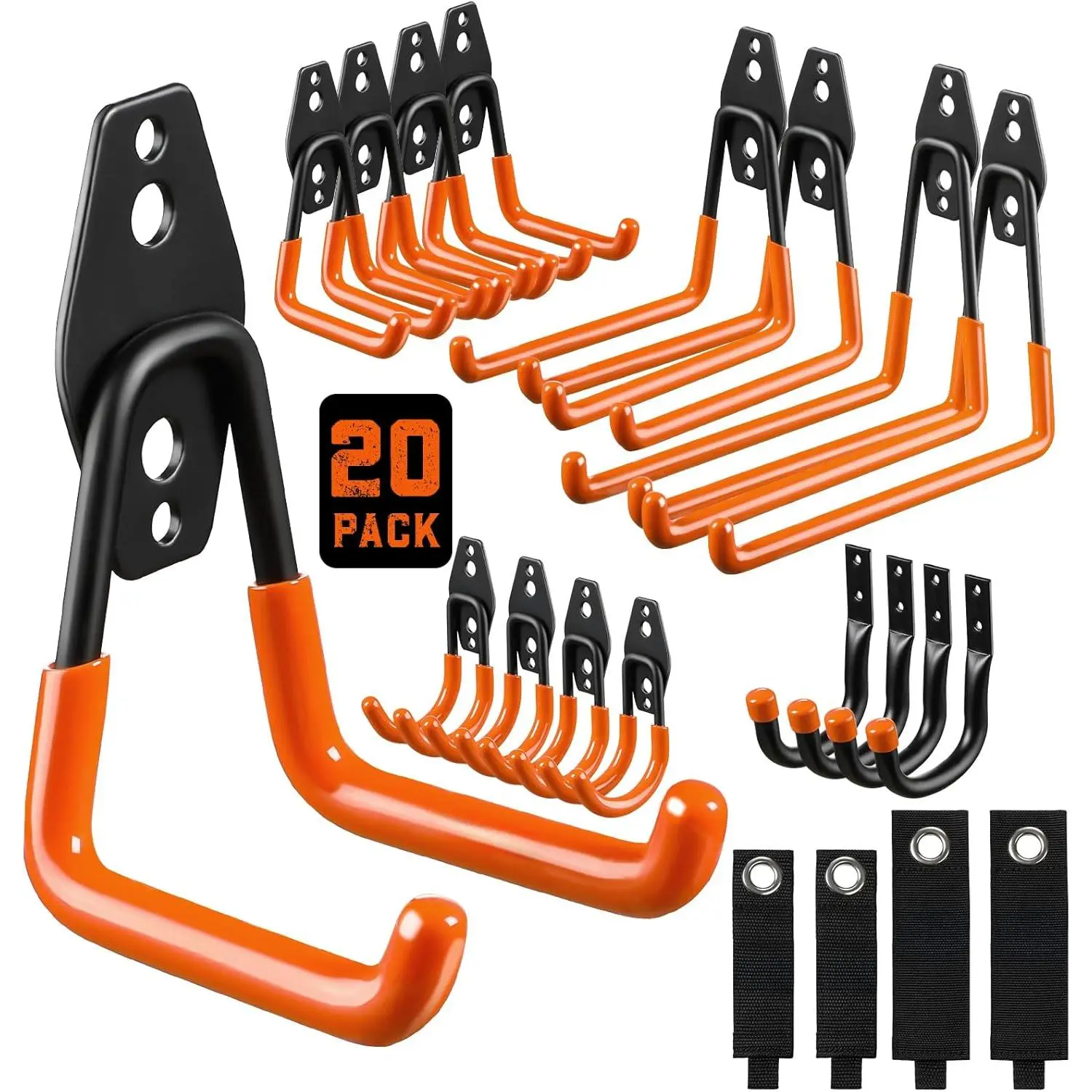 Garage Hooks, 20-Pack Steel Garage Accessories for Organization and Storage, Heavy Wall Mount Duty Hooks with Anti-Slip Coating for Hanging Ladder, , Power Tools and More Tools, Orange