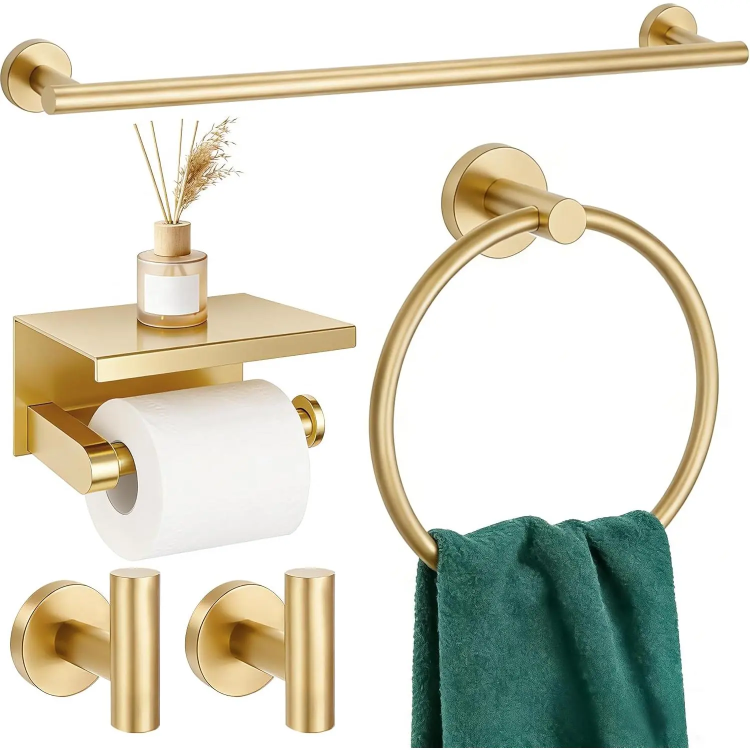 5-Piece Brushed Gold SUS304 Stainless Steel Bathroom Hardware Fixture Set - Wall Mount, 24in Towel Rack, 6.14" x 3.07" x 1.97" Geometric Round Heavy-Duty Anti-Rust Toilet Paper Holder with Shelf, Towel Hook for Bathroom, Laundry Room