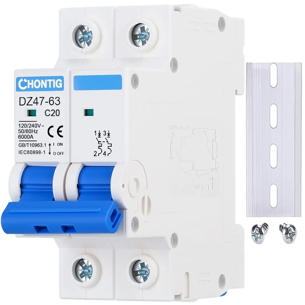Miniature 20Amp 2 Pole 120/240V Circuit Breaker Thermal Magnetic Trip |   DIN Rail AC Disconnect for Solar AC System C20, RV, Low Voltage Prot