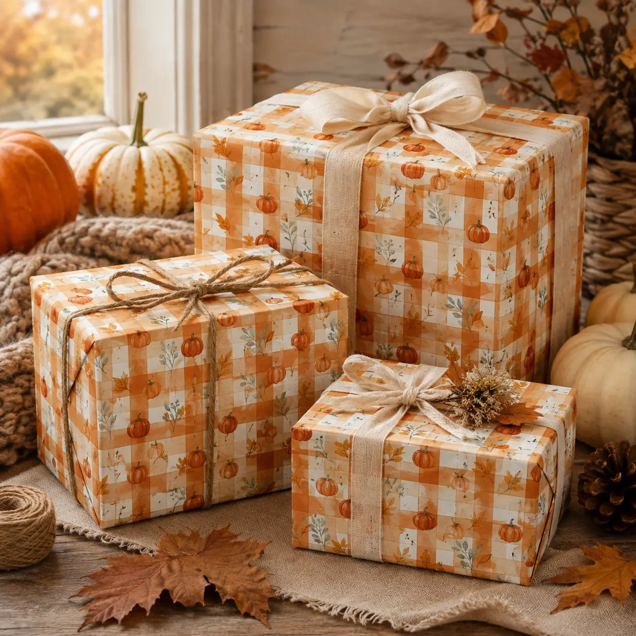 Watercolor Fall Pumpkin & Leaves Orange Plaid Wrapping Paper, Autumn Harvest Gingham Grid Gift Wrap, Rustic Thanksgiving Holiday Wrapping Paper