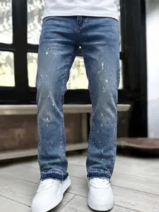 Men's Street Style Casual Denim Jeans, All Seasons Fit, Pure Color Straight Leg Jeans, Fashionable Loose-Fitting Long Trousers