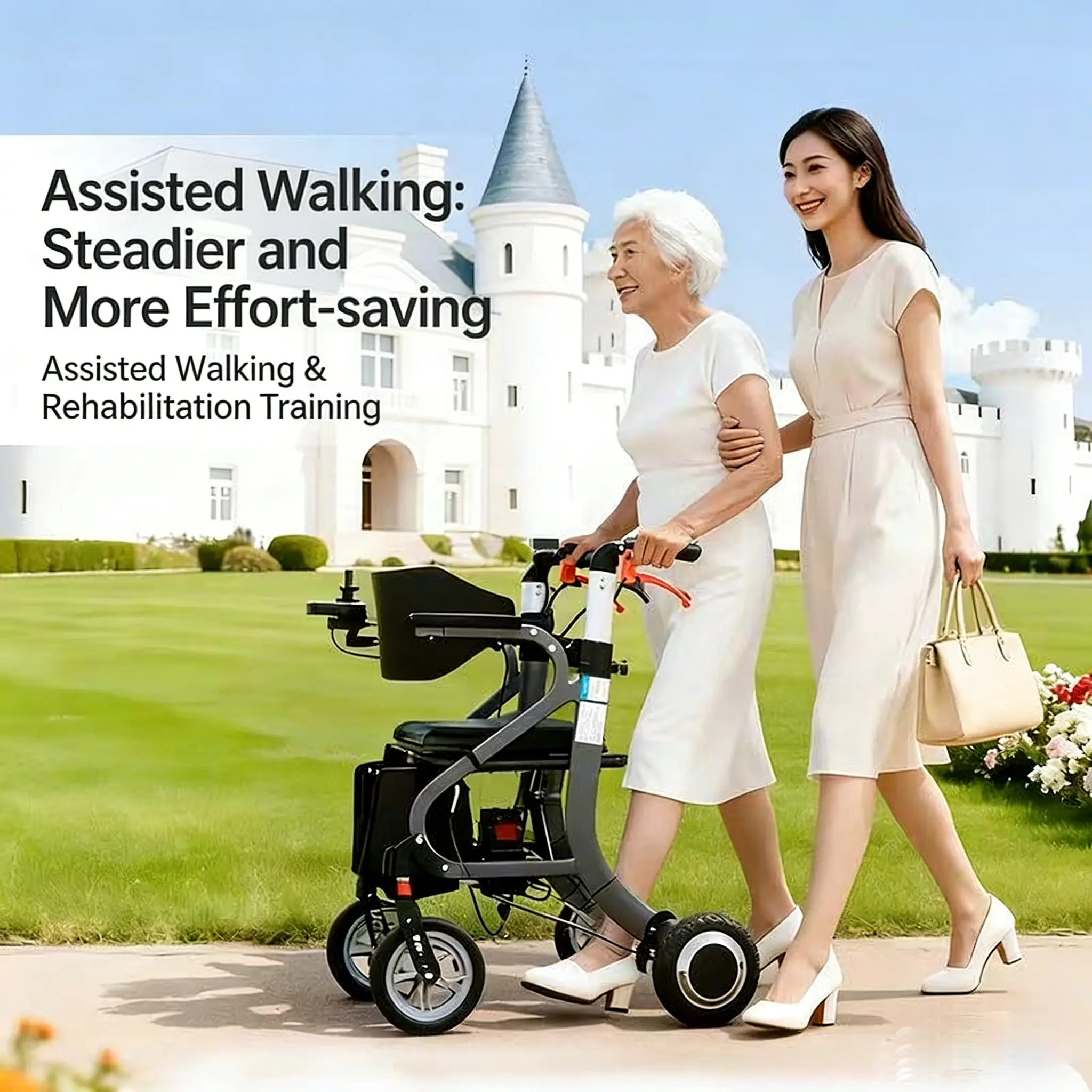 3-in-1 Multifunctional Electric Wheelchair - Transfer Chair, Mobility Scooter for Elderly, Walking Aid with Anti-Fall Protection, Seating Capability, Electric Assist, Adjustable Arms, Home Supplies