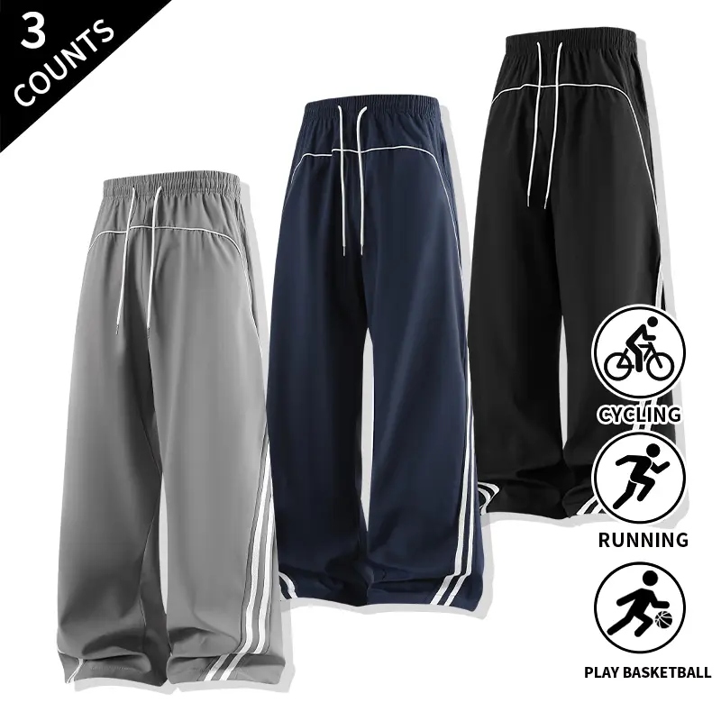 Men’s 3-Pack Loose-Fit Side-Striped Polyester Track Pants Set - Relaxed Fit Clothes with Drawstring Waist, Sporty Chic Casual Wear Trousers