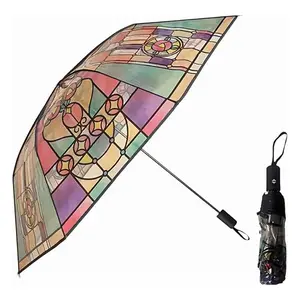 Vintage Pattern Umbrella, 1 Count Portable Self-opening & Closing Folding Umbrella, Transparent Umbrella for Women & Girls, Rainproof Umbrella, Portable Foldable Umbrella, Home Supplies