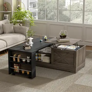 U-Can Farmhouse  Lift Top Coffee Table With Barn Doors, Wood Rectangle Center Table With Large Hidden Storage Space And Open Cabinet, For Living Room, Bedroom, Home Office   WL