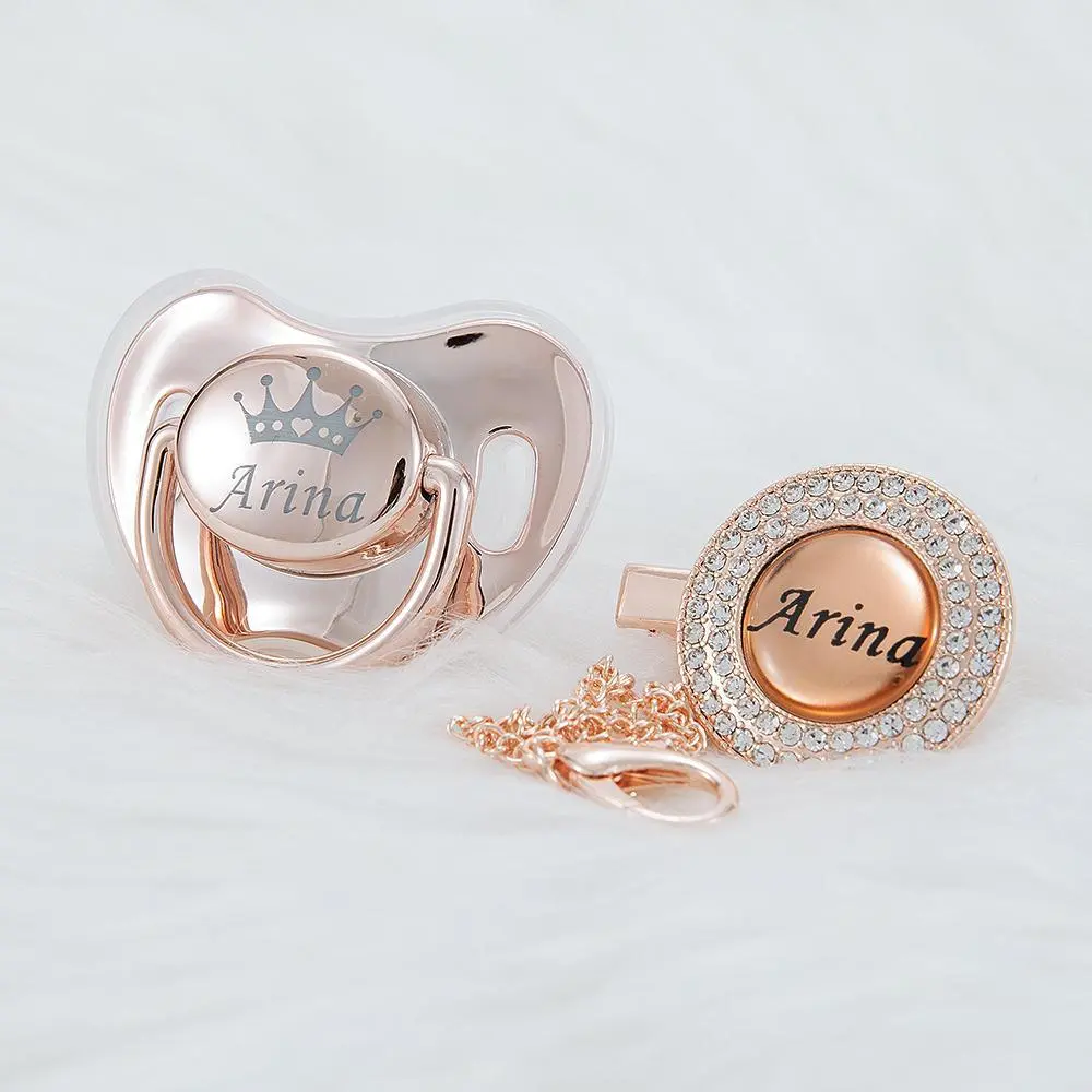 MIYOCAR Custom Bling Name Pacifier & Clip Set – Gold, Silver & Rose Gold | Luxury Personalized Baby Gift, Keepsake, Baby Shower Gift