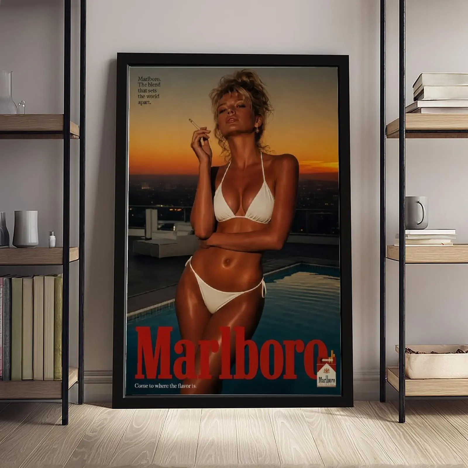 Vintage Marlboro Sunset Pool Bikini Framed Canvas Print - Retro Cigarette Ad Aesthetic Wall Art, Fashion Pouch & Box Included, Home Decor for Garage & Office, Gift for Retro Ad Collectors