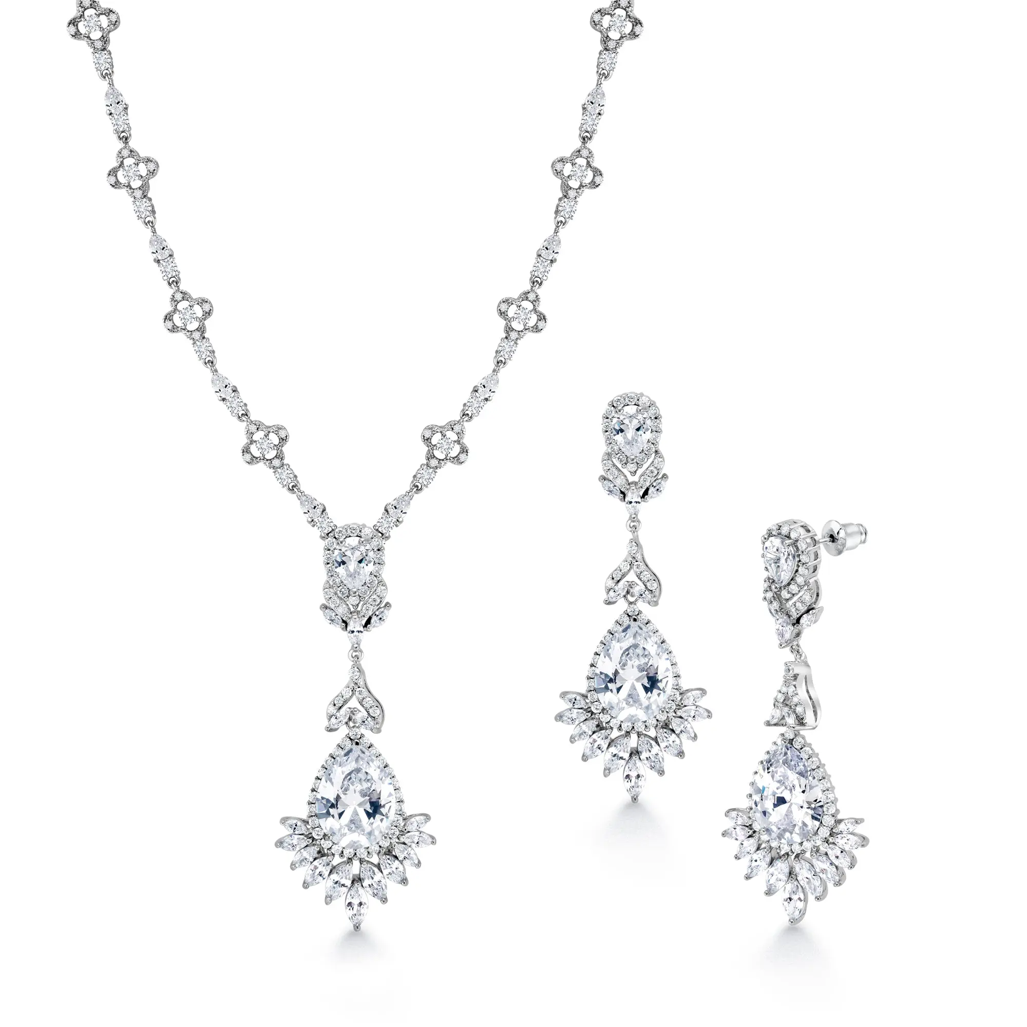 Teardrop and Marquise AAA Cubic Zirconia Chandelier Design Rhodium Plated Halo Earrings Necklace Wedding Set- 16 Inch Length