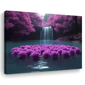Purple Flower Waterfall Canvas Wall Art, Wooden Frame Natural Scenery Floral Prints, Suitable for Living Room, Bedroom, Office - 29.97x 39.88cm , Ideal Christmas Gift