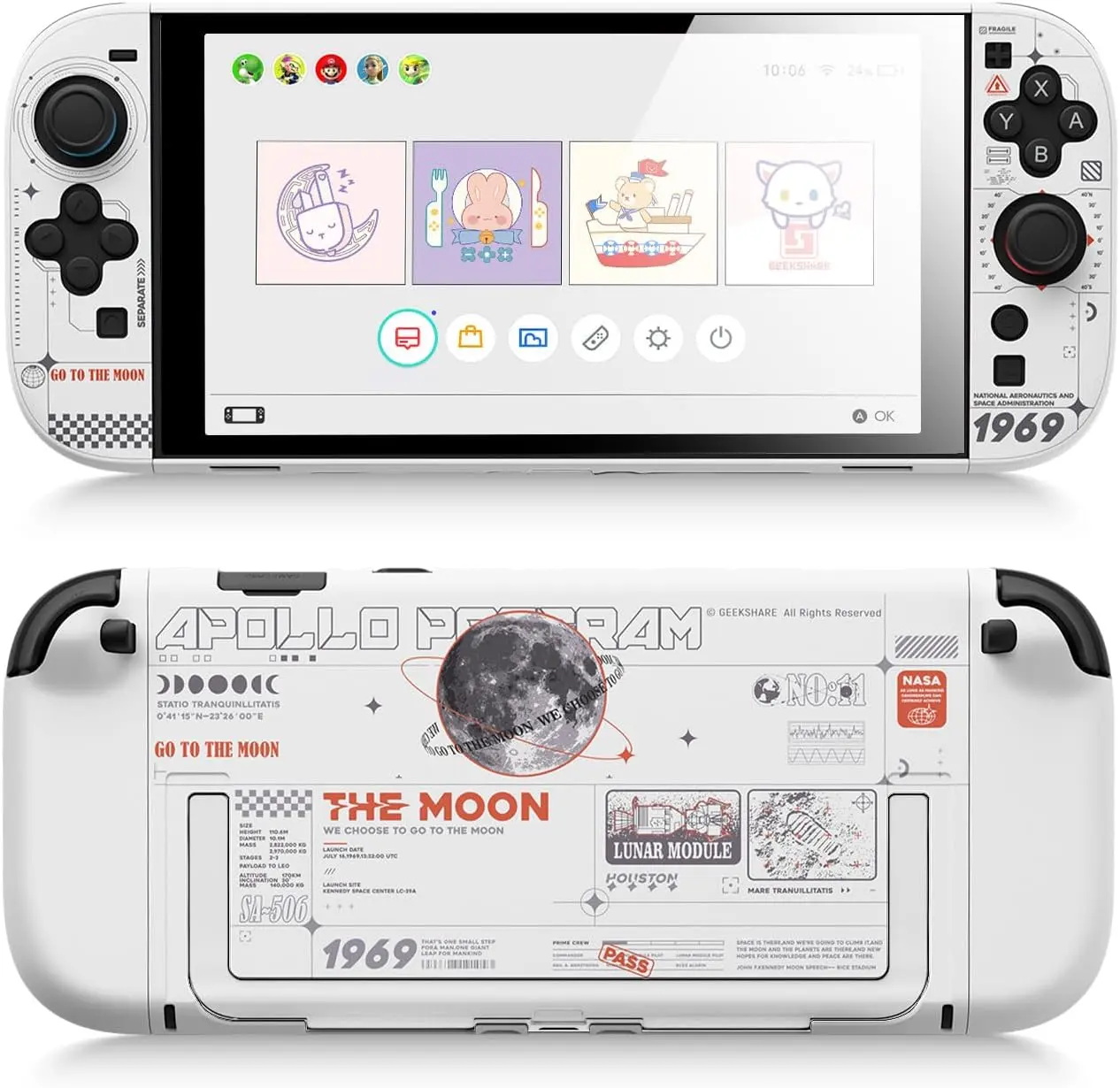 Geekshare Game Console Case – Moon Landing Series – Lunar White / Semi-Transparent Split-Type Hollow Case for Nintendo Switch 2 – Space-Themed NS2 Protective Shell