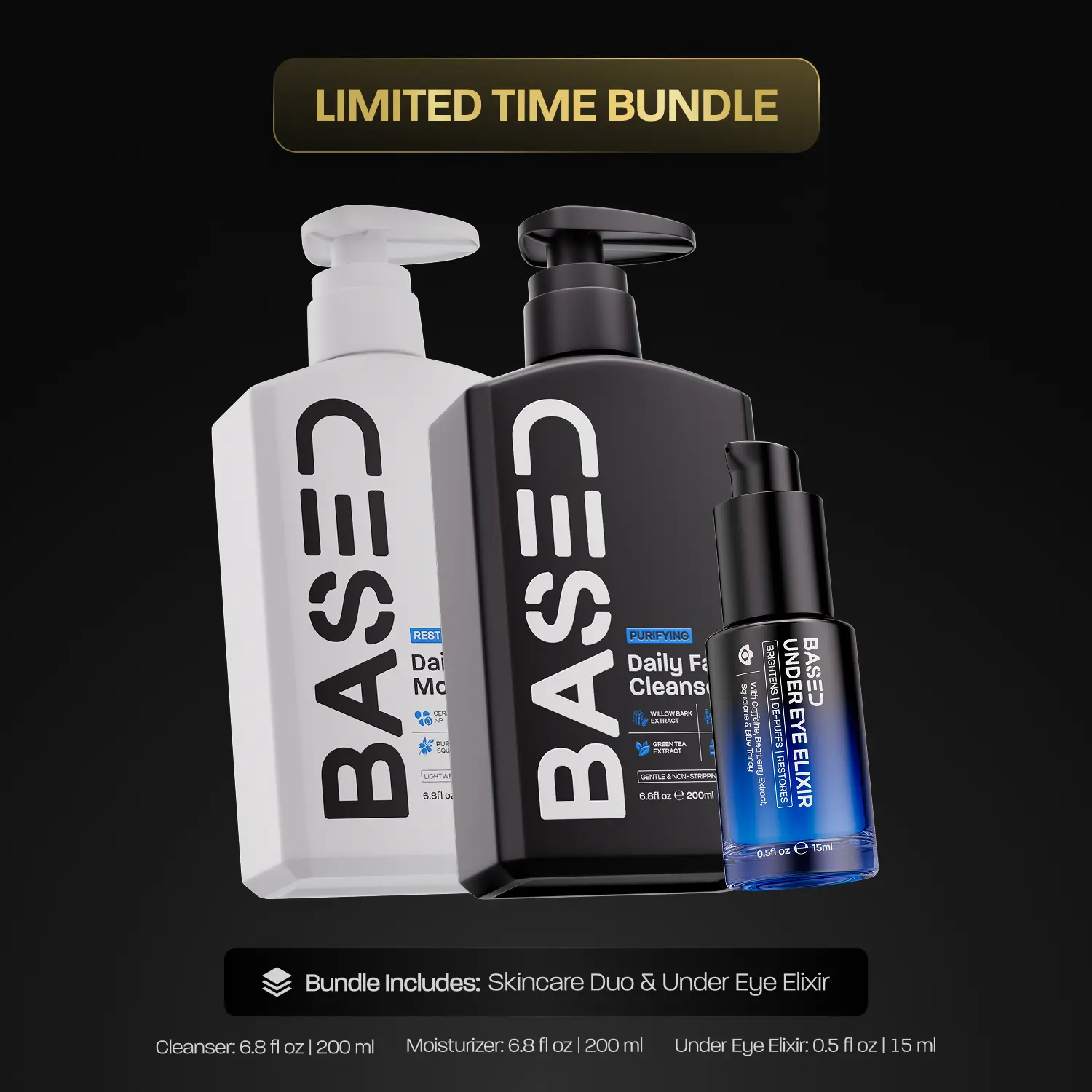 BASED Essential Skin Set | Under Eye Elixir, Daily Cleanser, Daily Moisturizer | Simple, Effective, BASED. BASED Essential Skin Set | Under Eye Elixir, Daily Cleanser, Daily Moisturizer | Simple, Effective, BASED.