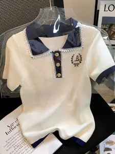 Korean Style Youthful Polo Shirt, Navy Patchwork, Gold Button Embroidery, Lace Trim, Breathable Knit, Short Sleeve T-Shirt, Daily Commute