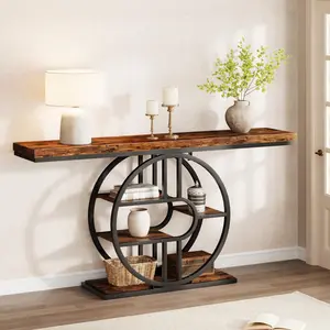 Garvee 55 Inch Narrow Entryway Console Table with 4 to 5-Tier Circle Shelves, Industrial Style Sofa Table Featuring O-Shaped Black Metal Frame and Rustic Brown or Grey Thick Top, Easy Assembly