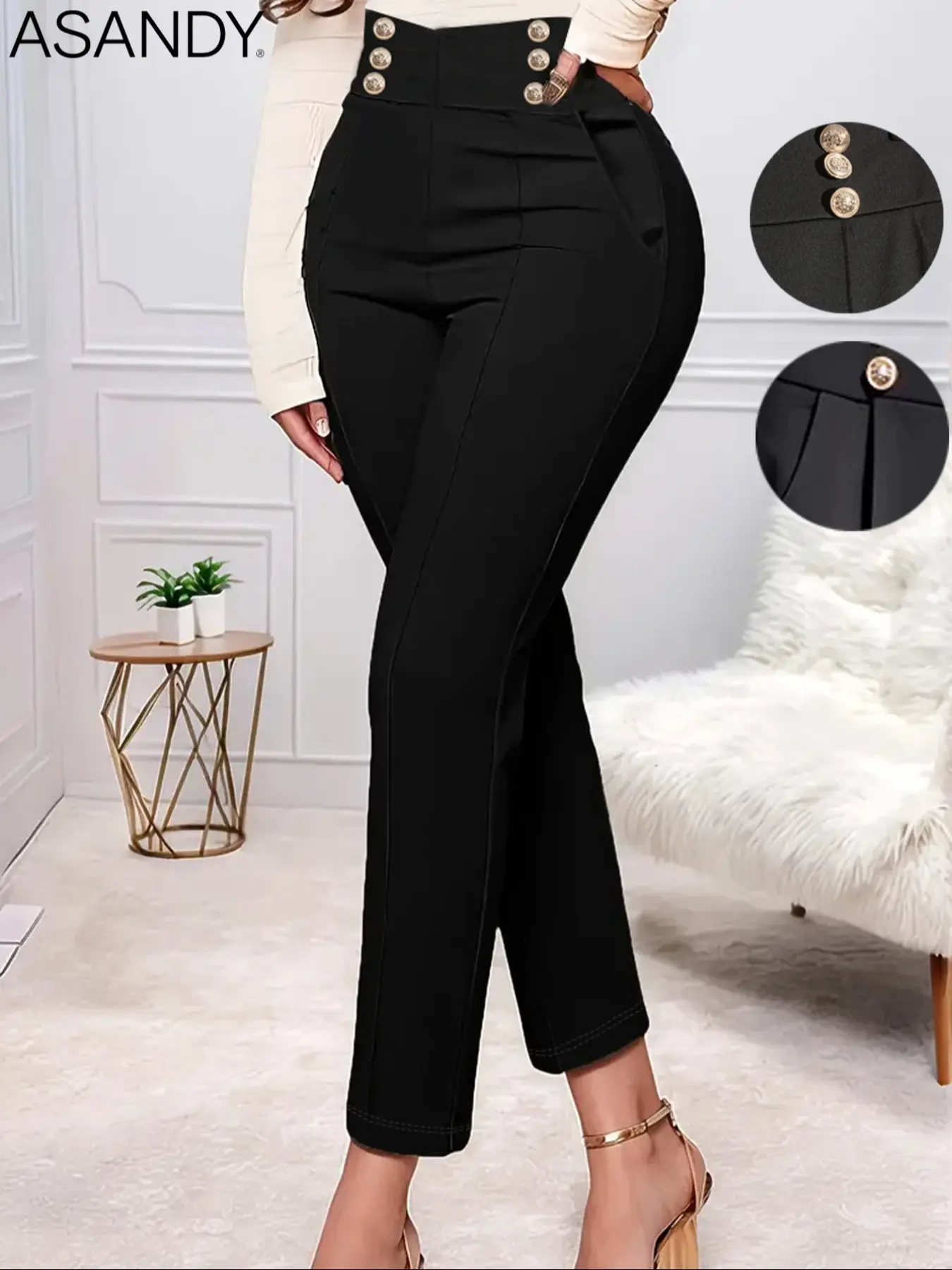 Women's High-Waist Double-Breasted Button Suit Pants, Elegant, Formal, Fitted and Slimming, Perfect for Spring & Fall Seasons