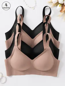 4 piece set solid color women's Wireless seamless bras with hook and adjustable straps, no underwire support for a gathered back, comfortable, breathable, skin-friendly, soft, daily casual sexy lift underwear