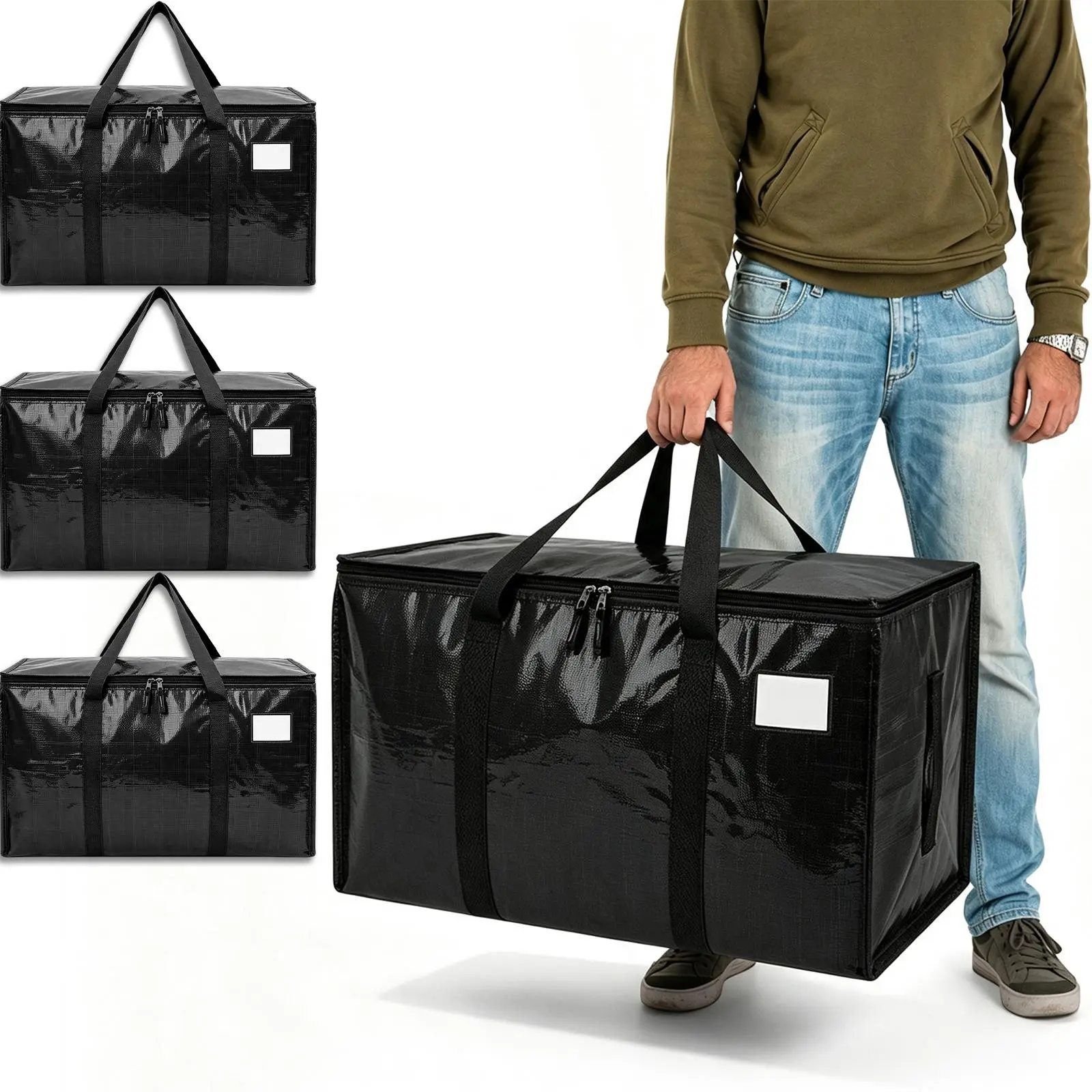 4pcs Heavy-Duty Waterproof Polypropylene Moving Organiser Bags, Jumbo-Size Foldable Storage Box with Handles & Zippers, Bedding Carry Totes for Dorm Home Organization & Daily Use