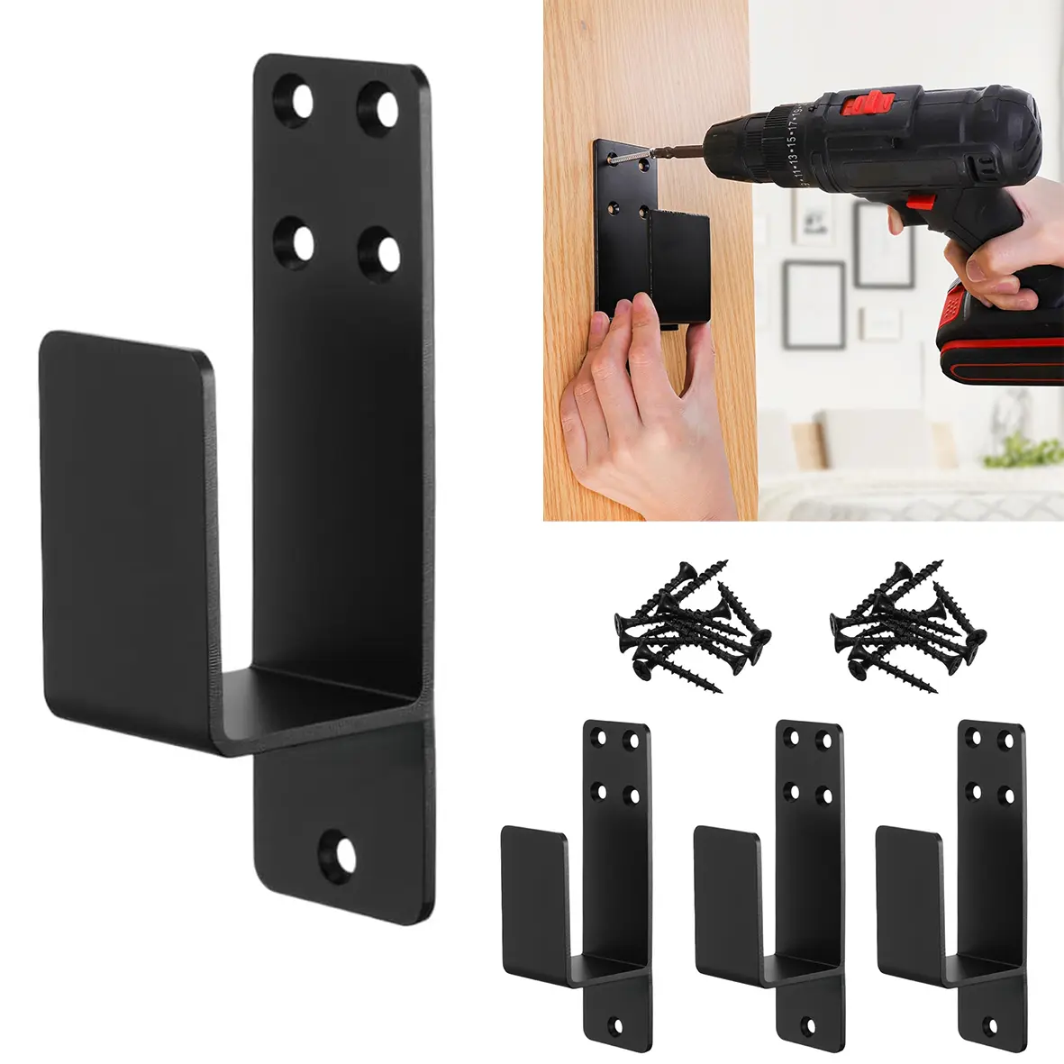 4pcs U-Shaped Carbon Steel Door Barricade Bar Holder Brackets - Heavy-Duty Drill-Compatible Tool Organizer Racks, Double Defensive Home Security Tool for Garden, Warehouse, Widely Applicable Scenarios