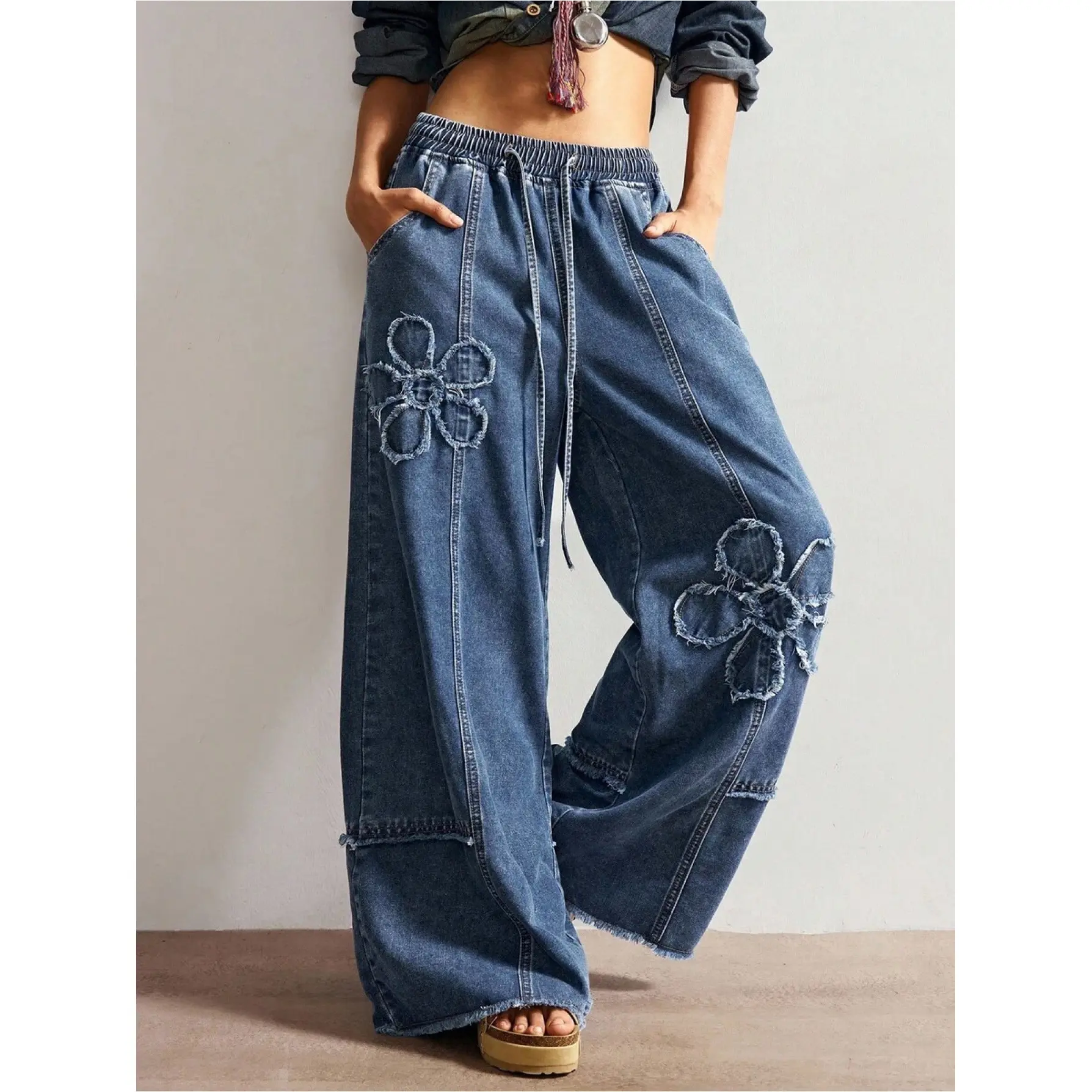 Elastic-Waist Drawstring Wide-Leg Pants with Frayed Edges, Floral Patches, Loose Fit, Drapey, Floor-Length; Patchwork Floral Embroidery, High-Stretch, Straight-Leg, Fashionable, Trendy, Loose-Fit, Elastic-Waist, Wide-Leg, Straight-Leg Denim Pant