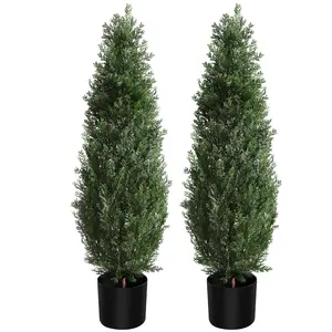 UV-Protected Realistic Artificial Cedar Topiary Trees Set - 3/5ft Faux Boxwood Shrubs - Lifelike Potted Evergreen Plants for Front Door Planters