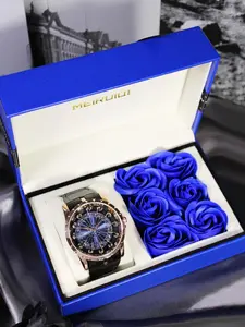 Men's Business Fashion Round Dial Analog Quartz Watch, with Rose Gift Box, Fashion Watch for Party, Daily Decor, Trendy Exquisite Watch for Birthday Gift