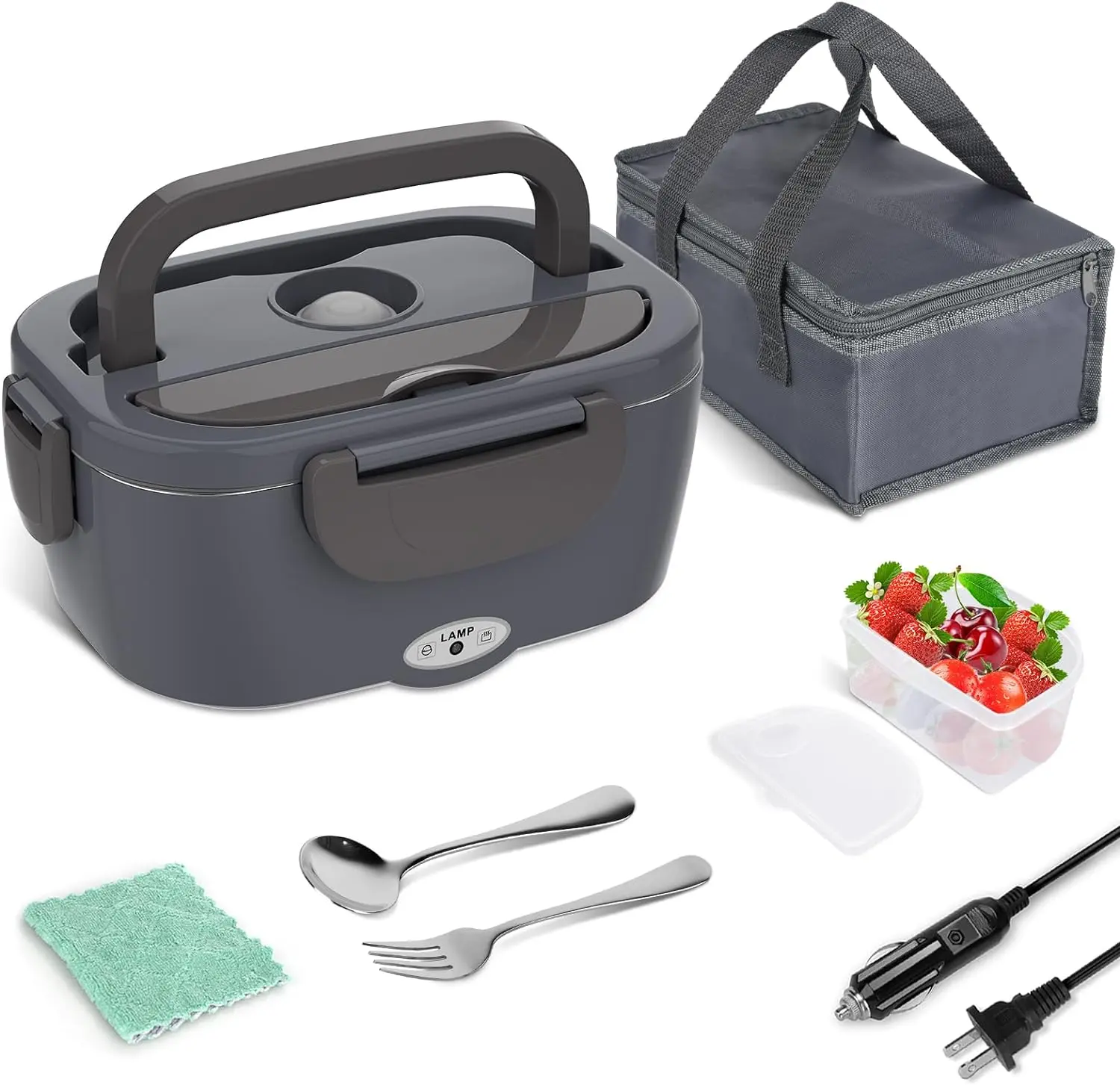 3-in-1 Electric Lunch Box Food Heater, 1.5L Leakproof Modern Aluminium Container with Tableware, 12V/24V Car & 110V Home Heating Options for Adults