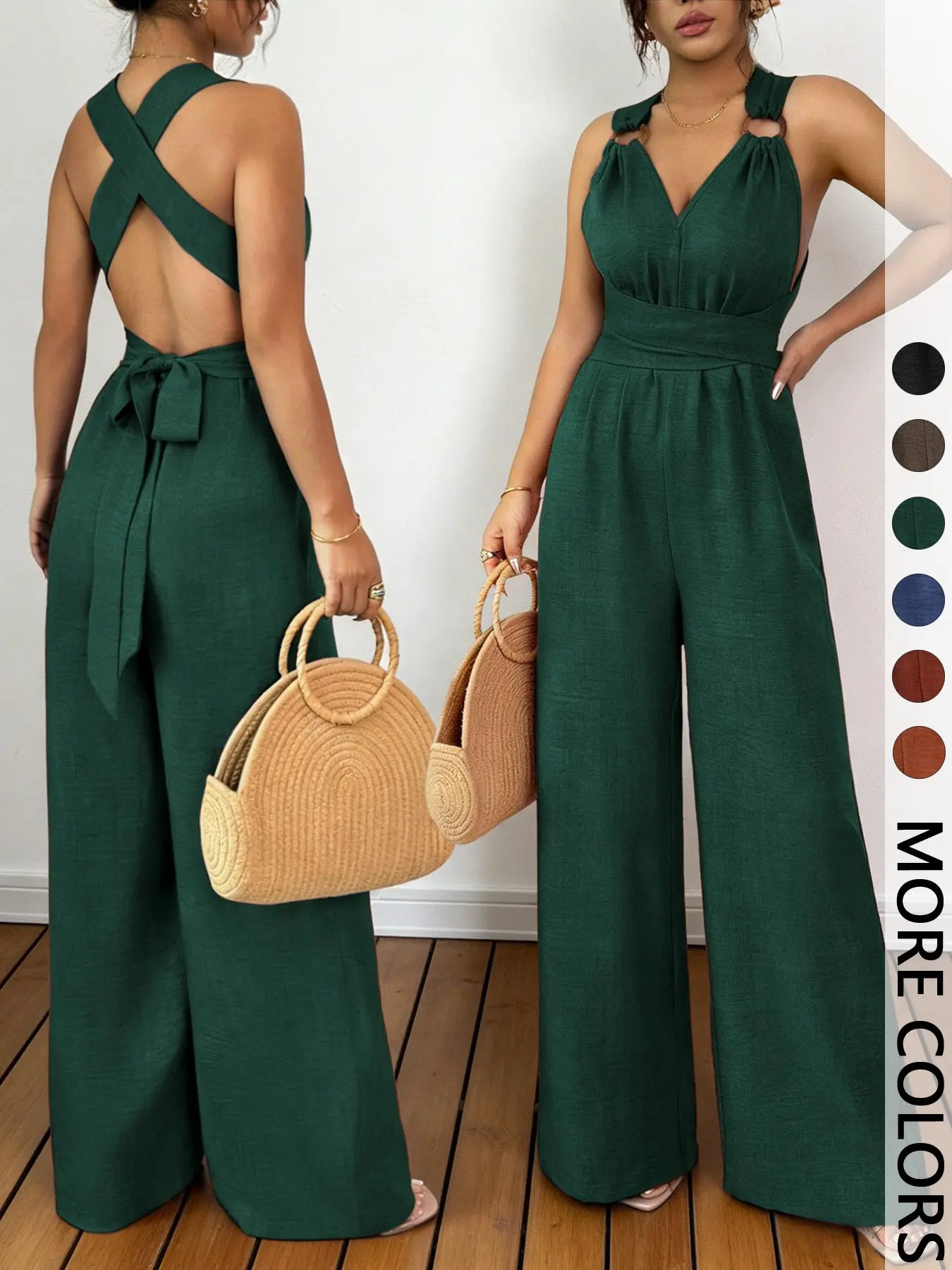 1 Piece V-Neck Tie-Waist Wide-Leg Jumpsuit | Women's Romper | Casual Summer Outfit | Women's Vacation Wear Womenswear
