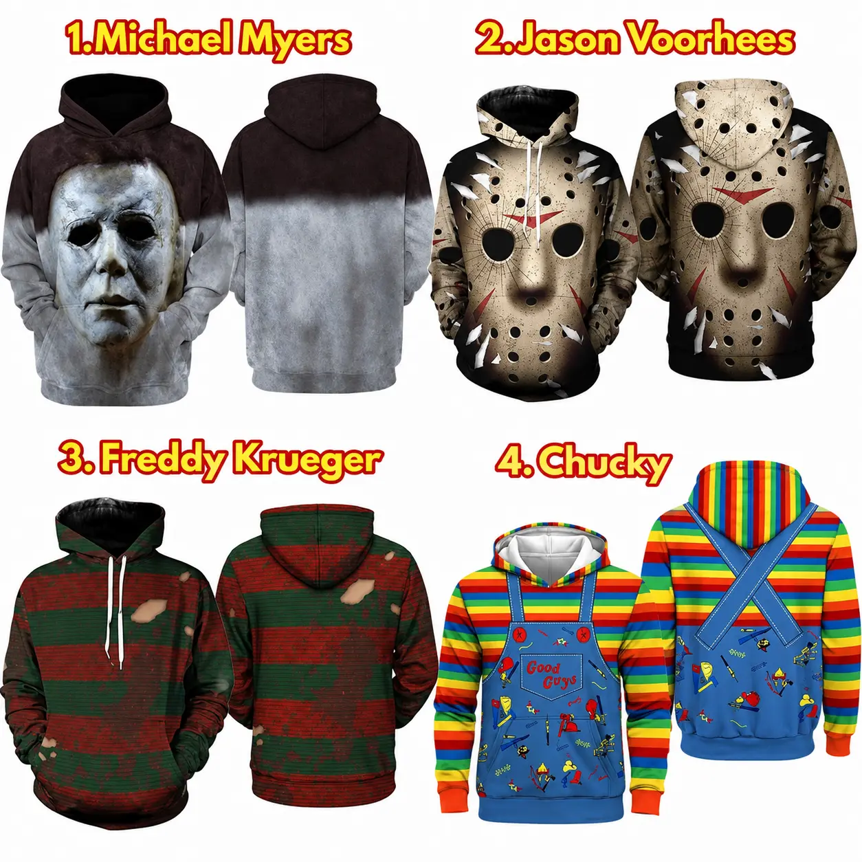 Halloween Horror Nights 3D All-Over Print Hoodie – Michael Myers, Freddy & Jason Inspired Horror Cosplay Sweatshirt, Spooky Halloween Costume Gift