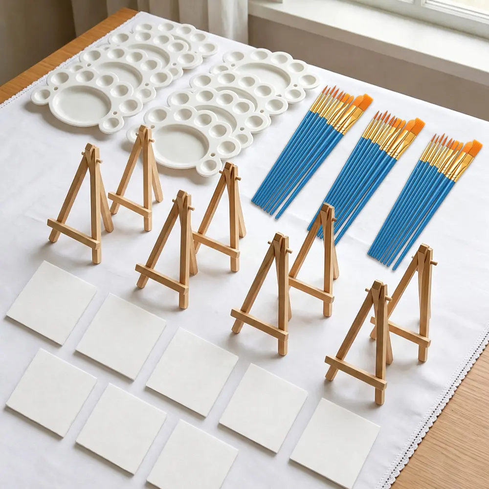 54 Pack Canvas with Easel Set 8 x 10 Inch Canvas Boards with Wooden Easels, Paint Brushes Canvas Panel Painting Kit for Acrylic Oil Watercolor Beginners Art Crafts Sip and Paint Party