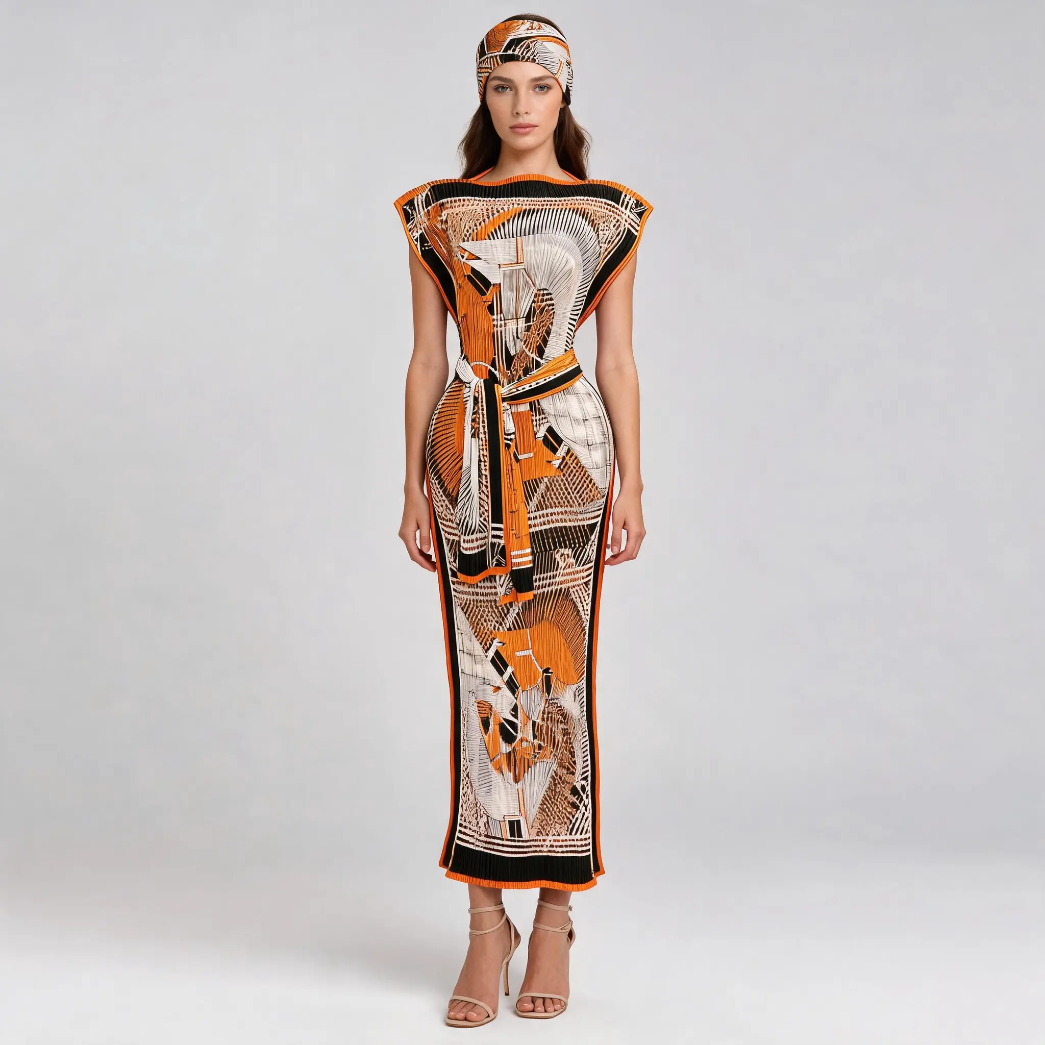 Plus Size Women 2 Piece Pleated Satin Midi Dress Set, Black Gold Star Rhinestone Peacock Feather Totem Print Sleeveless Waist Tie Curvy Loungewear with Matching Head Scarf, Elegant Outfit for Home Hotel Beach Vacation
