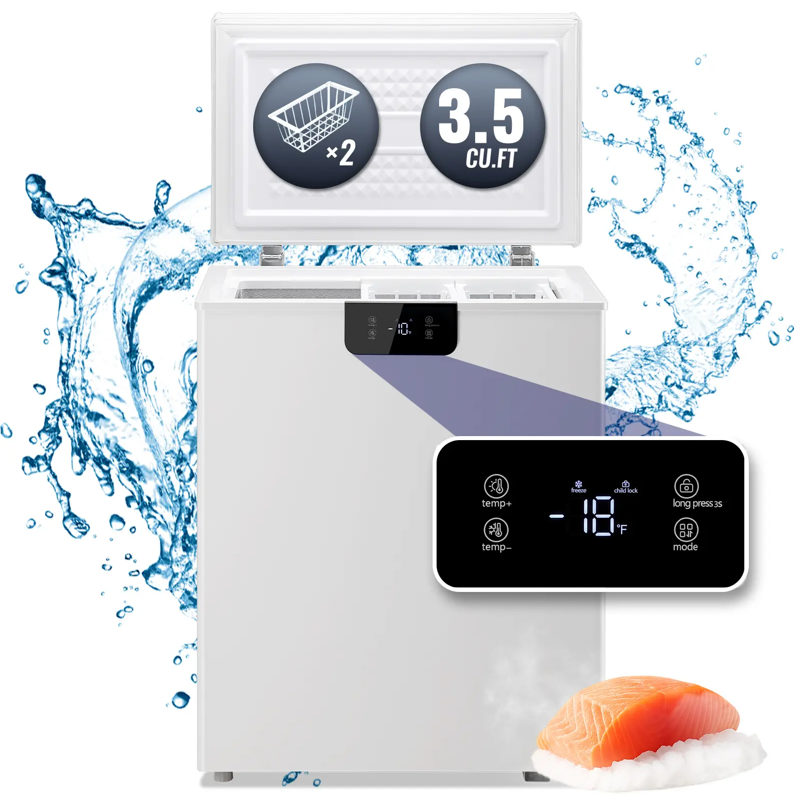 DEMULLER 3.5 Cu Ft Chest Freezer with Digital Control, Energy Efficient Compact Freezer, Portable Freezer, Adjustable Feet