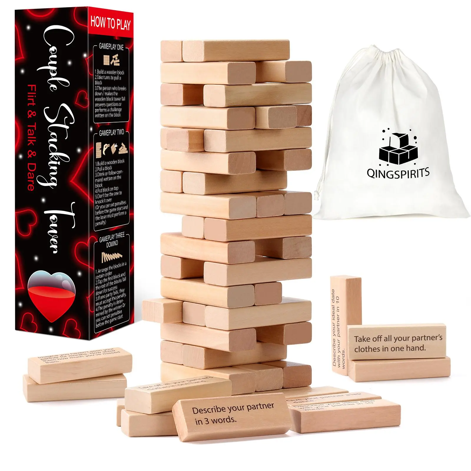 54pcs Wooden Tumble Tower Blocks Set - DIY Wood Building Blocks Set for Couples, Romantic Date Night Gift with Talking, Flirting, Spicy Dare Challenges for Anniversary, Valentine's, Tower Stack Game, Blocks Tower Game