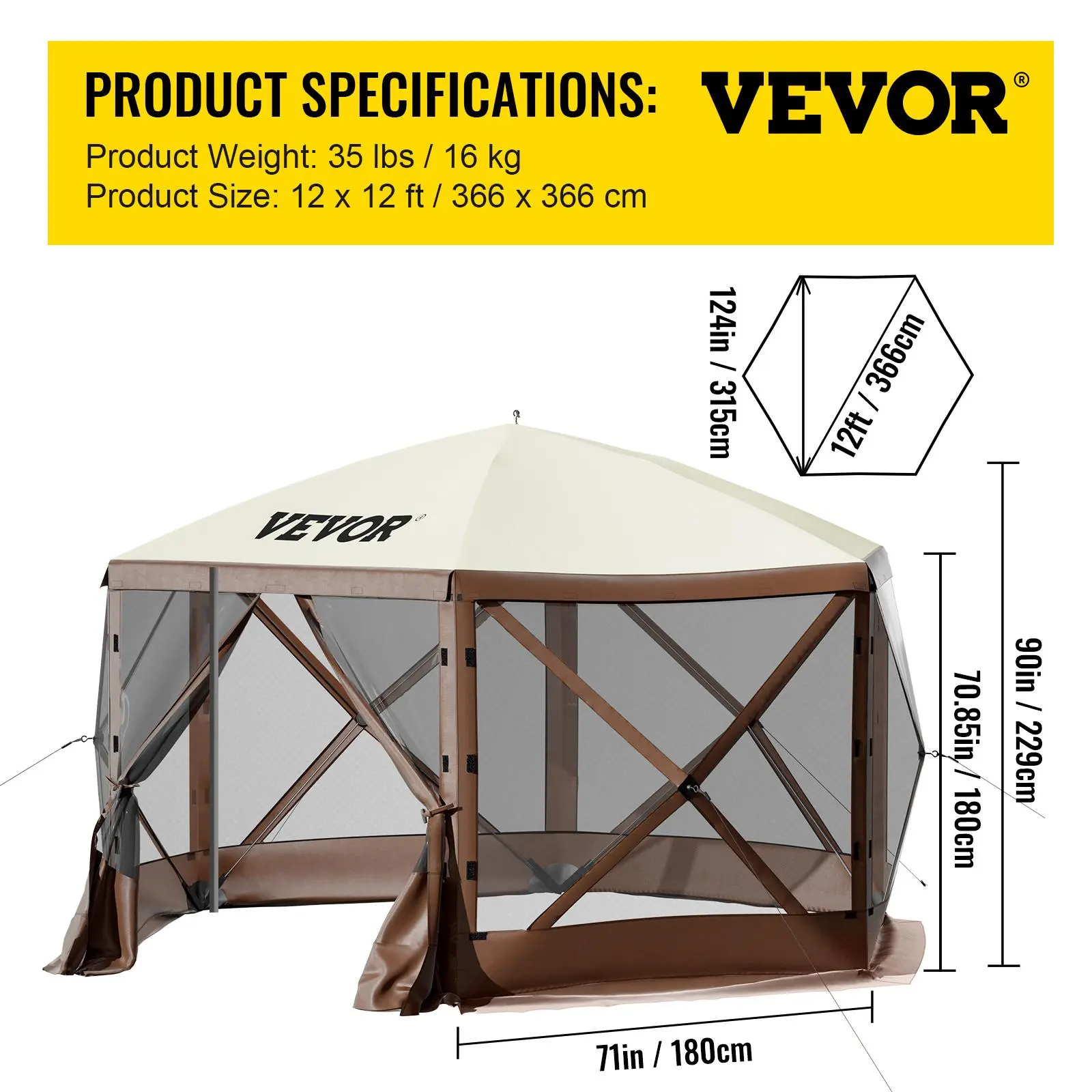 【Summerfinds】VEVOR Gazebo Screen Tent, 12 x 12 ft, 6 Sided Pop-up Camping Canopy Shelter Tent with Mesh Windows, Portable Carry Bag, Ground Stakes, Large Shade Tents for Outdoor Camping, Lawn and Backyard