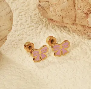 Amee Jewelry Female Gold Blush Pink Bow-Shape Stainless Steel Stud Earrings - Twist Screw Back Closure, Lightweight Minimalist Costume Accessories for Everyday Wear