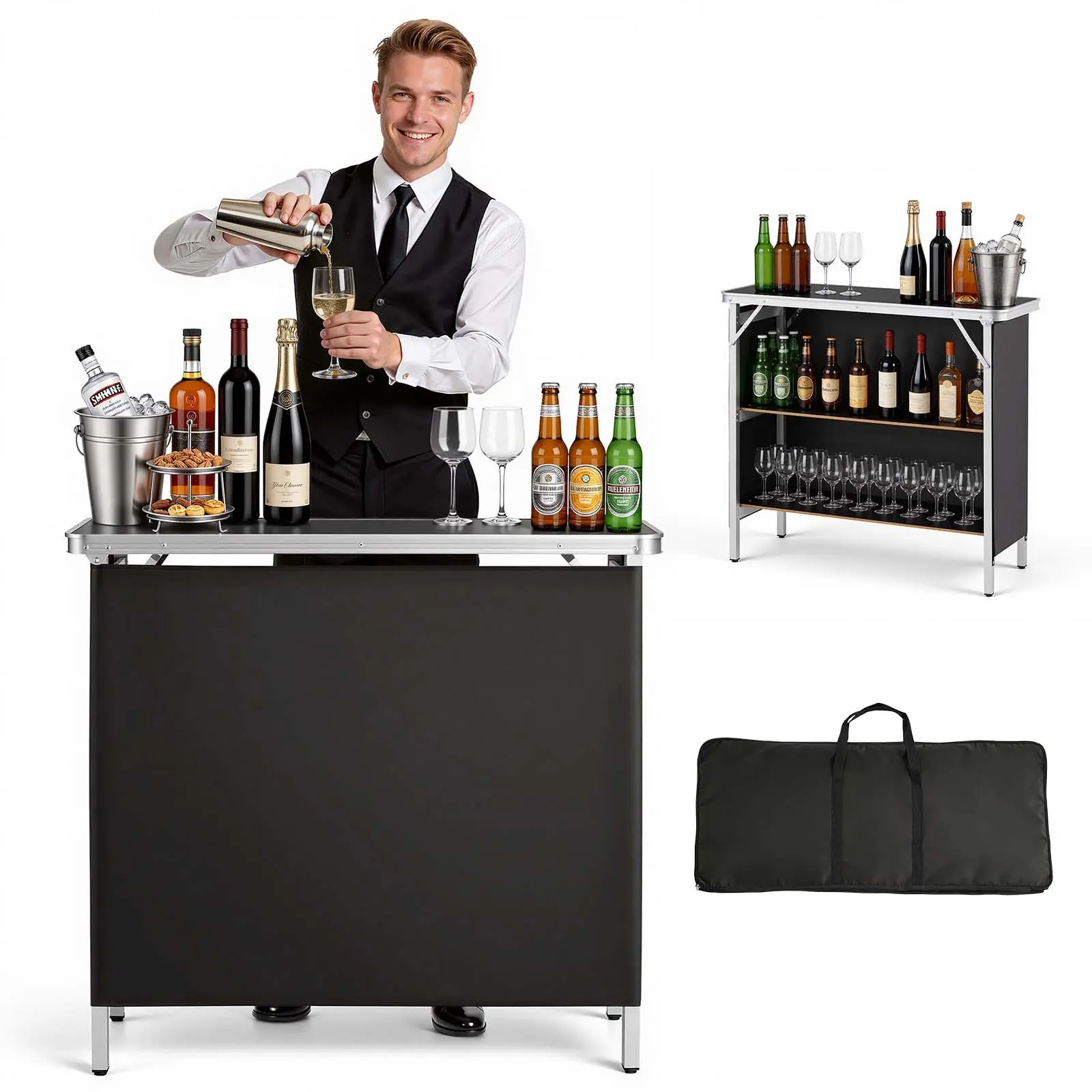 VEVOR Folding Portable Bar Table, 38.6 x 15.2 x 34.3 in, with Carry Bag, Storage Shelf, and Detachable Skirt, Quick and Easy Setup, Foldable Mobile Bartending Station for Events, Party, Tradeshow#SohoChic